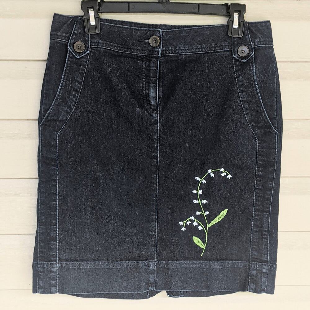 Upcycled Size 8 Hand Embroidered Denim Skirt Dana Buchman